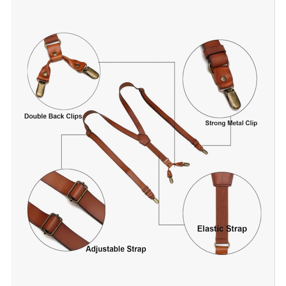 NEW Mens Brown Leather Suspenders Y Back Design Adjustable Metal Clips - Picture 3 of 6